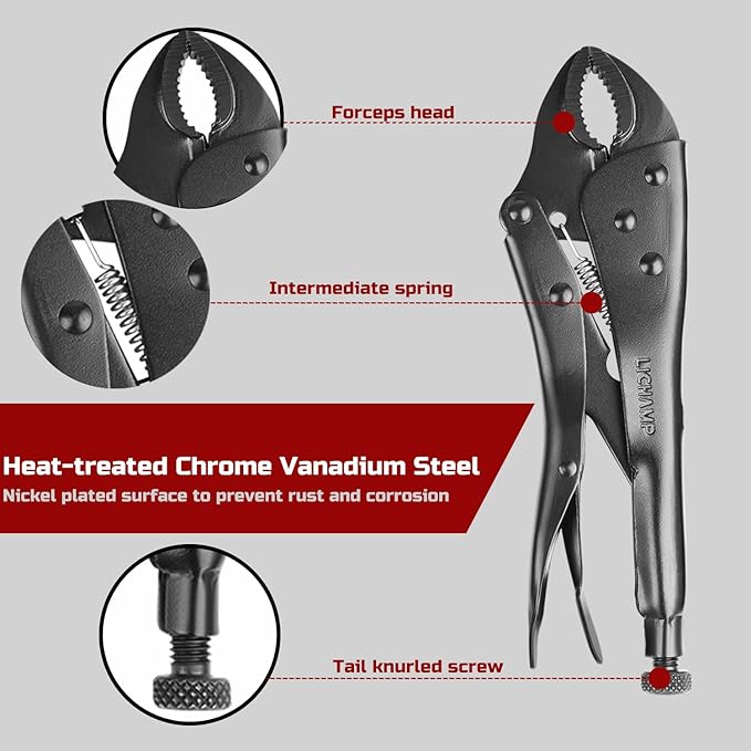 Lichamp Locking Pliers Set - 10 inch Curved Jaw and 9 inch Long Nose Vise Pliers, Vise Grips for Automotive, Plumbing, Metalworking