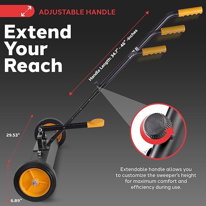 Pyle 24” Rolling Magnetic Sweeper with Adjustable Handle - Strong and Durable Metal Construction, Heavy-Duty Cleaning, Metal Pickup for Industrial and Commercial Use (Black and Orange)