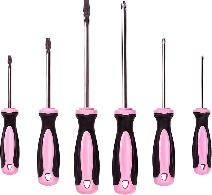 Pink Power Magnetic Screwdriver Set - 6 Piece Phillips Head and Flat Head Hand Pink Tool Set for Women & Ladies - Insulated Screwdriver Kit with Magnetic Tip - Screw Drivers Set
