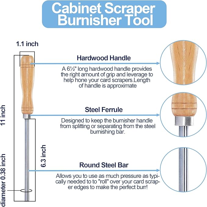 Cabinet Scraper Burnisher Tool,Scraper Burnisher for Creating Sharp Burrs and Honing Card Scrapers,with high-quality wooden handle and Super Hard High Speed Steel Rod
