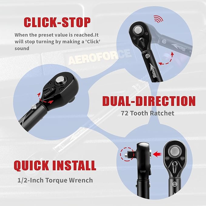 AEROFORCE 1/2-Inch Drive Torque Wrench竊?5-165 lb.ft / 20.4-224.4 Nm),72 Tooth Dual Direction Reversible Ratchet, Dual Range Scales, Precision Calibrated for Bike, Motorcycle and Car Repair