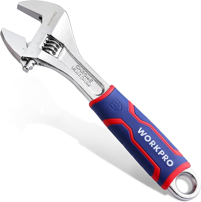 WORKPRO 10-inch Adjustable Wrench, Wide Jaw Opening Wrench with Rubber Anti-slip grip, Metric/SAE Scales, Premium Cr-V Steel, Chrome Plated
