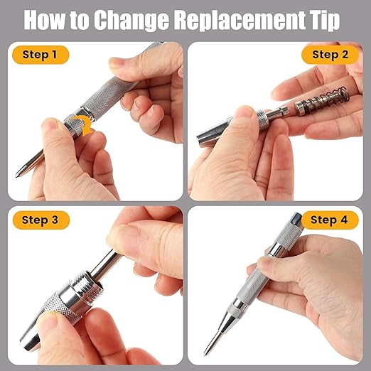 MulWark 6" Automatic Center Punch for Metal - Spring Loaded Center Punch Tool with Extra Replacement Tip - Adjustable Impact One-Handed Spring Puncher for Wood, Plastic, Stainless Steel