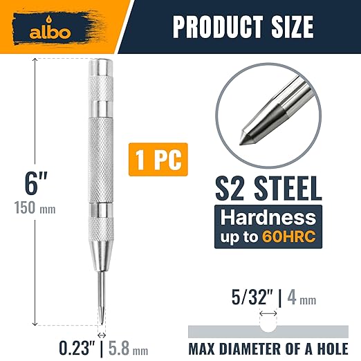 ALBO Spring Loaded Center Punch Tool ??6 Inch Automatic Punch for Metal, Wood, Steel ??Heavy Duty Drill Punch ??Durable Galvanized Coating, Precision Tip for DIY, Workshop & Professional Use (1pc)