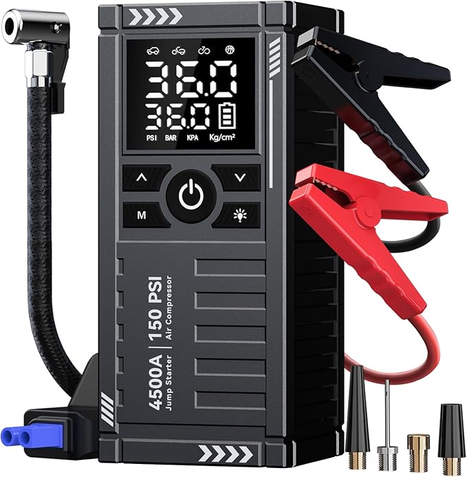 Car Battery Jump Starter with Air Compressor - 4500A 150PSI Portable Car Jump Starters (All Gas/10L Diesel) with Tire Inflator, 12V Car Battery Jump Box with Jumper Cables, LCD Display, LED Light