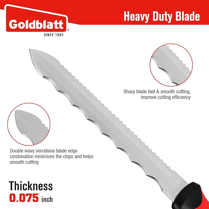 Goldblatt Insulation Knife, 8 Inch Stainless Steel Blade - Serrated Sharp Double Side Insulation Cutter Tool for Cutting Heat Material, Styrofoam - Rockwool Sod Cutter Lawn Repair Garden Knife