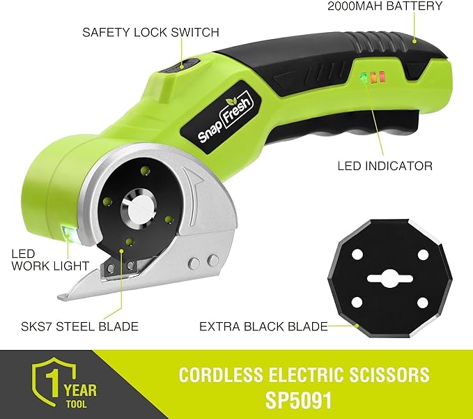 SnapFresh 4V Cordless Electric Scissors-Rechargeable Rotary Box Cutter w/ 2.0Ah Battery, 2 Self-Sharpening Blades, LED Light & Safety Lock,Carpet Cutter Tool for Cardboard, Fabric, Leather, Plastic