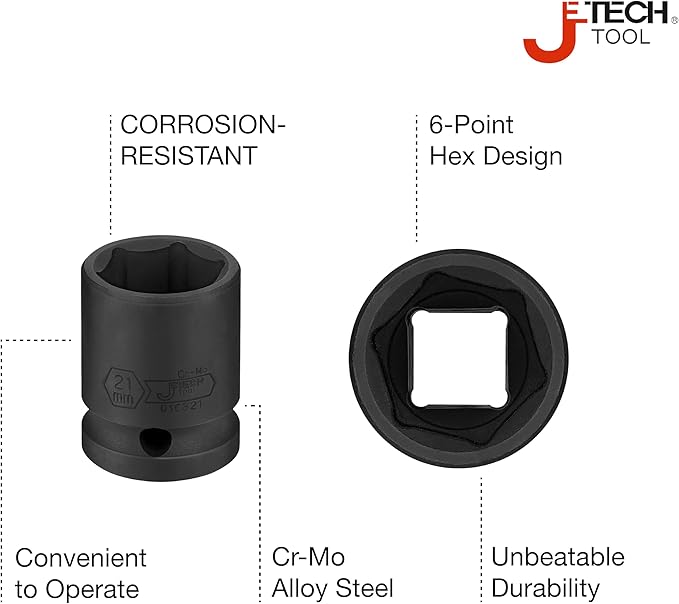 JETECH 1/2 Inch Drive 21mm Standard Impact Socket, Chrome Molybdenum Alloy Steel, 6-Point Design, Metric
