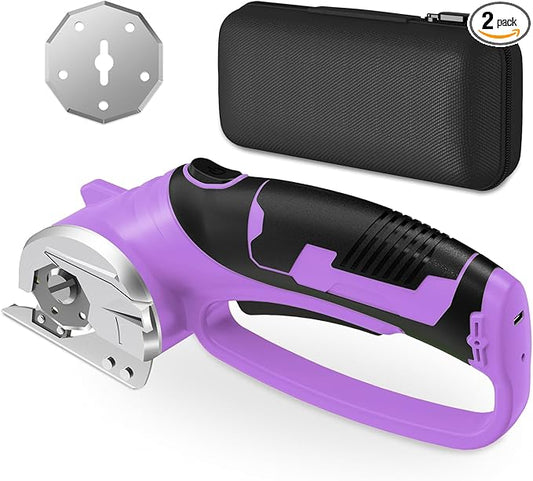 Cordless Electric Scissors, 4V Rechargeable Box Cutter & Cardboard Cutter with LED Light, Safety Lock - Rotary Cutter for Fabric, Leather, Carpet, Plastic, Crafting, Sewing with Storage Box(Purple)