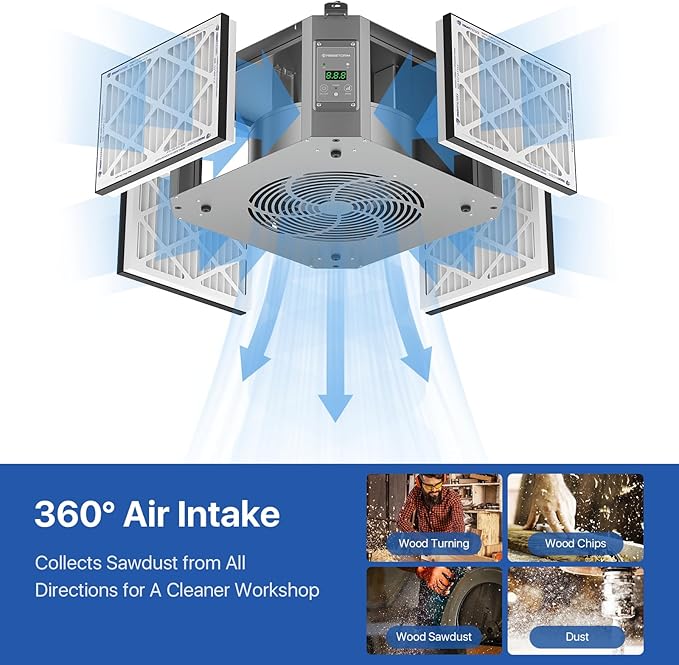 ABESTORM 360 Degree Intake Air Filtration System for Woodworking, 1350 CFM Hanging Dust Collector, Air Filter for Shop Garage WorkShop, DecDust 1350