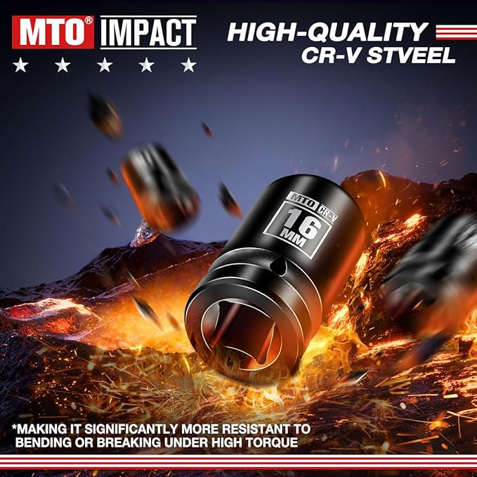 MTO 1/2" Drive 16mm Shallow Impact Socket, 6-Point Metric Socket for Automotive Maintaince, CR-V Steel Meets ANSI Standards