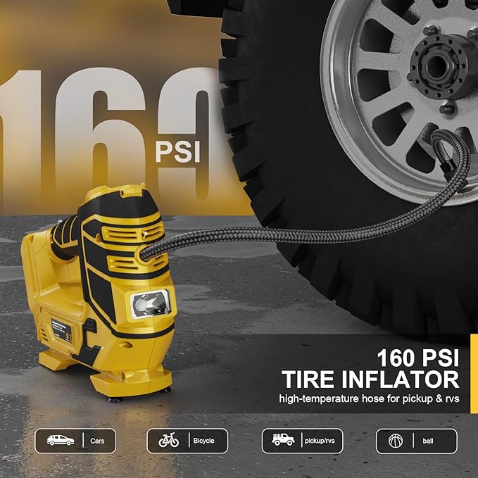 Air Compressor for Pneumatic Brad Nailer Stapler, Compatible with Dewalt 20V Battery(Tool Only), 120 PSI Oil Free Cordless Portable Compressor, 160PSI Digital Tire Inflator for Pickup, Tire