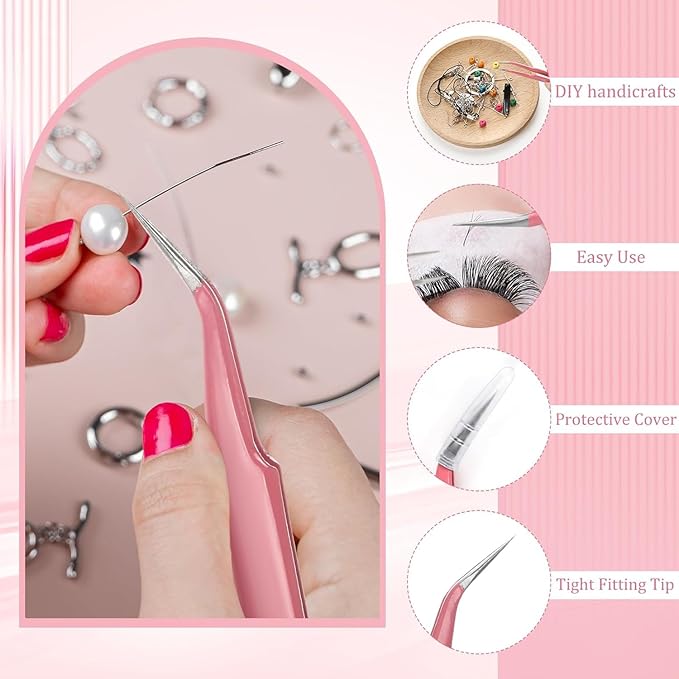 H&W Pink Precision Tweezers 6PCS Set, Upgraded Anti-Static Stainless Steel Curved of Tweezers for Women, for Electronics, Laboratory Work, Jewelry-Making, Craft, with Storage Bag