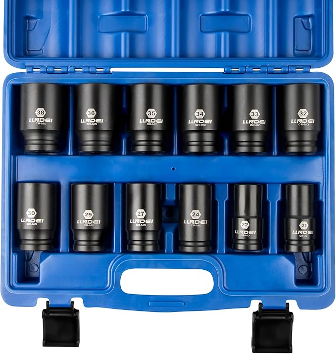 LLNDEI 3/4 inch Drive Impact Socket Set, 12 Piece Heavy Duty CR-MO Deep/Jumbo Sockets 6 Point Design, Metric 21mm-38mm, for Large Vehicle and Apparatus Maintenance
