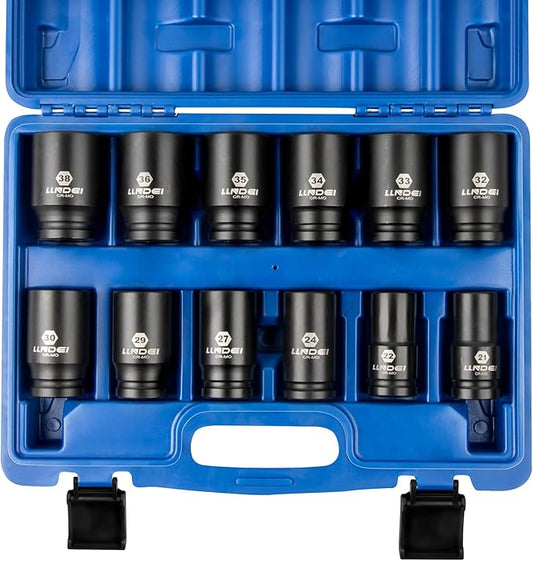 LLNDEI 3/4 inch Drive Impact Socket Set, 12 Piece Heavy Duty CR-MO Deep/Jumbo Sockets 6 Point Design, Metric 21mm-38mm, for Large Vehicle and Apparatus Maintenance