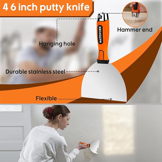 Drywall Tools, 8Pcs High Quality Stainless Steel Drywall Knife Set, Putty Knives with Mud Pan, Ergonomic Grip Tapping Knife with Hammer End for Wall Work