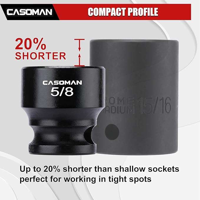 CASOMAN 12PCS 3/8" Drive Stubby Impact Socket Set, Low Profile, 5/16" - 1", SAE, CR-MO, 6-Point, 12 Pieces Shallow Socket Set for Automotive Maintenance, Repairs and DIY, for Tight Areas