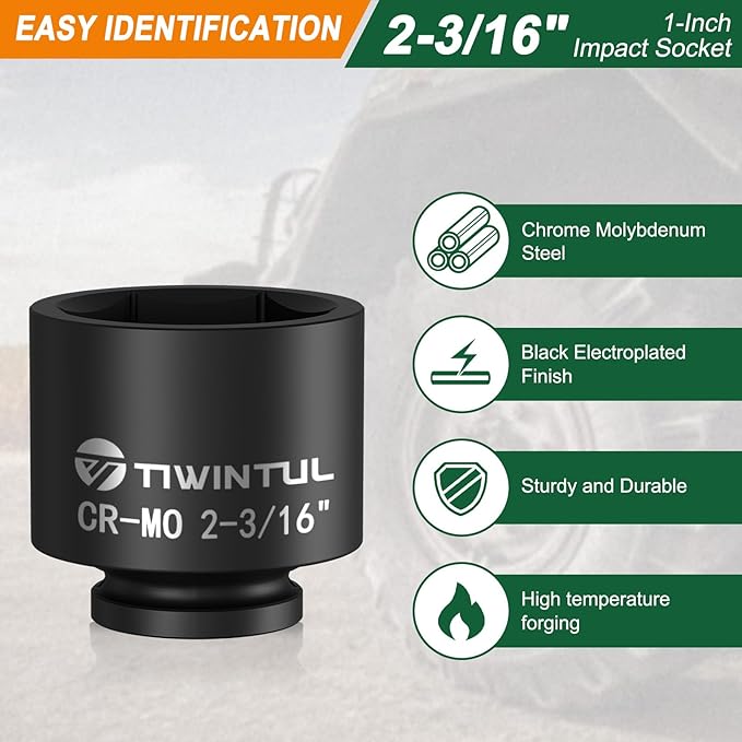 2-3/16'' Impact Socket 1" Drive, Deep 6 Point Large Impact Socket, CR-MO Weighted Big Socket, Heavy Duty 1 Inch Socket for Semi Truck, Hydraulic Cylinder, Oil Rig & Rail Equipment