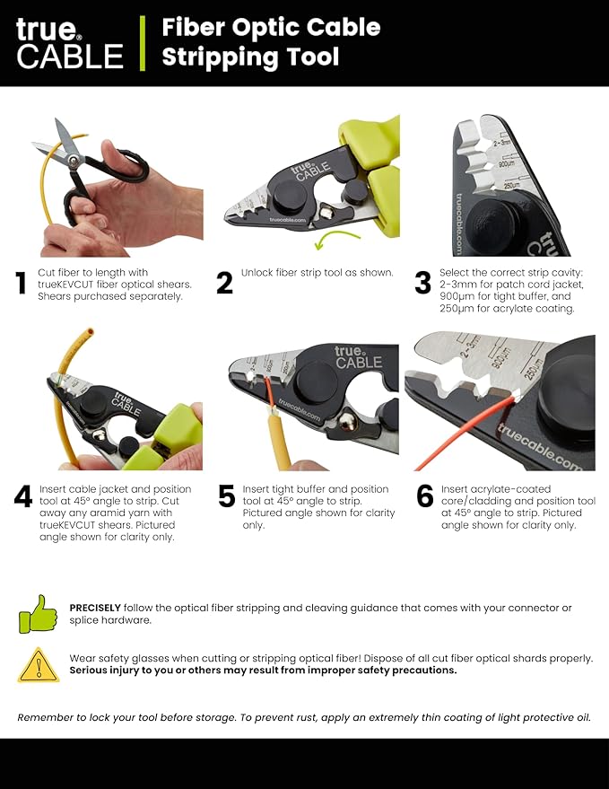 trueCABLE Professional Grade 3 in 1 Fiber Optical Cable Stripper, Precision Angled Jaw, 6" Fiber Optic Stripper Tool with TPU Grip for 1.6-3.0mm Jackets, 250-900關m Tight Buffer & Loose Tube