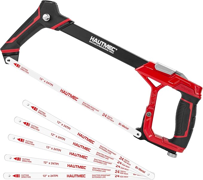 HAUTMEC 12" Fast High-Tension Hacksaw with 5 Extra Bi-Metal Blades, Heavy-Duty Aluminum Hack Saw with Ergonomic Non-Slip Handle, Quick-Change Tension, Blade Storage & Dual Cutting Angles - HTHSH25034