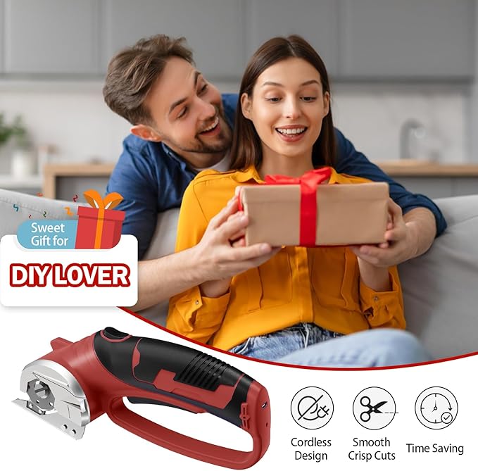 Cordless Electric Scissors, 4V Rechargeable Box Cutter & Cardboard Cutter with LED Light, Safety Lock - Rotary Cutter for Fabric, Leather, Carpet, Plastic, Crafting, Sewing with Storage Box (Red)