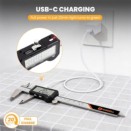 HARDELL Digital Caliper, Rechargeable Digital Caliper 6 inch with Reset Setting, Caliper Measuring Tool with MM/in/F Conversion, Auto Off, Micrometer with Large Screen for Jeweler/Woodworking/DIY