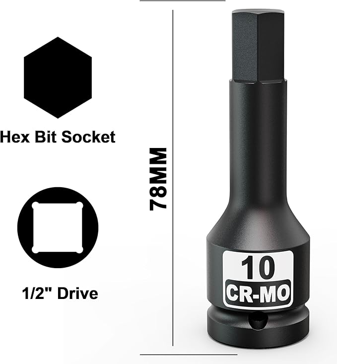 1/2" Drive 10 mm Hex Impact Bit Socket, H10 Allen Bit Socket, Metric, Cr-Mo Steel, Automotive Repair Industrial Maintenance and DIY Enthusiasts Alike