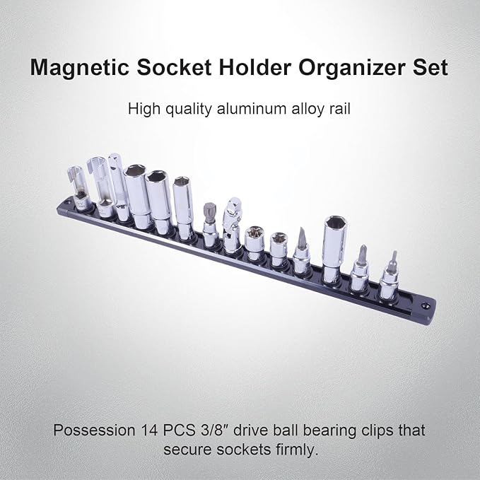 Magnetic Socket Holder Organizer Set:3/8-Inch Drive Socket Trays Socket, 360째 Swivel 14 Clips Socket Holder Kit, For Automotive Mechanic Garage (Black)
