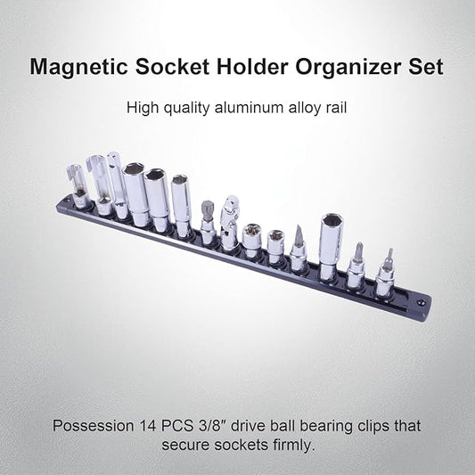 Magnetic Socket Holder Organizer Set:3/8-Inch Drive Socket Trays Socket, 360째 Swivel 14 Clips Socket Holder Kit, For Automotive Mechanic Garage (Black)