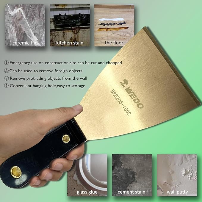 WEDO 3pcs Brass Putty Knife Set, 3" Paint Scraper with Bakelite Handle, 11" Brass Wire Brush,A Pair of Gloves,Drywall Knife, Scraper Tool for Plaster Scraping Drywall Finishing