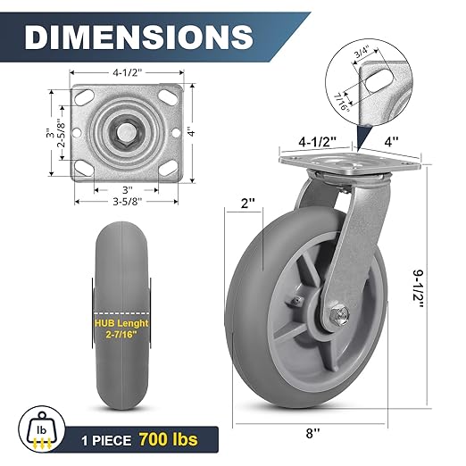 8"x 2" Heavy Duty Caster, Thermoplastic Rubber Casters(Crown Tread)- 700 Lbs Per Casters, Plate Caster for Furniture Platform Trucks Workbench(2 Pack Swivel)