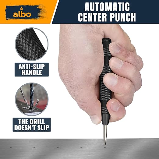 ALBO Automatic Center Punch Tool ??5 Inch Spring Loaded Punch for Metal, Wood & Steel ??Heavy Duty Drill Punch ??Blackened Finish, Precision Tip for Accurate Marking in Workshop (1pc)