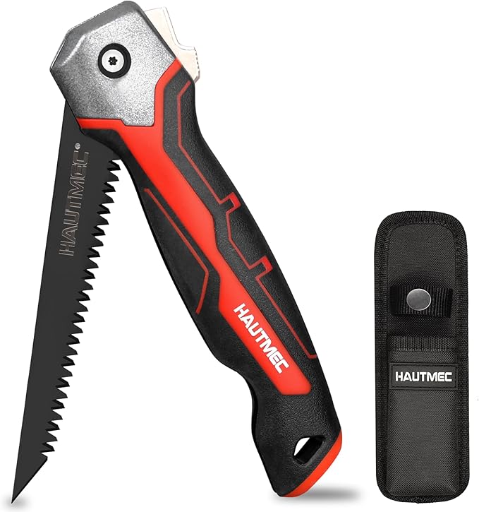 HAUTMEC 5" Folding Drywall Saw/Jab Saw/Keyhole Saw with Carbon Steel Blade, Sheetrock Saw with 7TPI Triple Sharpen Teeth, Compact Design with Holster, for Drywall, Wallboard, Plywood, PVC, HT0415