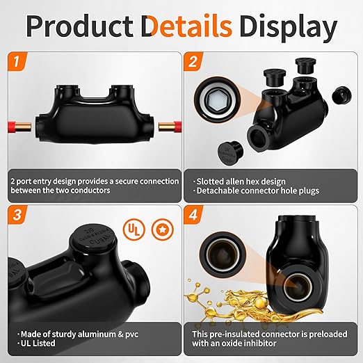 Joinfworld Insulated Inline Splice Connector 2/0-6 Gauge Aluminum to Copper Wire Connectors 6 AWG Splice Aluminum Wire Connectors UL Listed with Slotted Allen Hex - 6 Pack