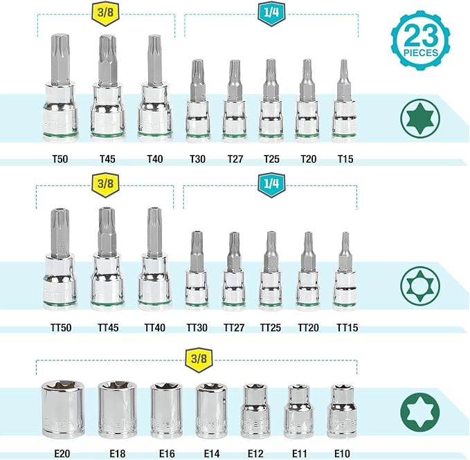 DURATECH 23-Piece Bit Socket and External Torx Socket Set, 8 Star, 7 Female E-Torx, 8 Tamper Proof Sockets with Storage Box, Premium S2 and CR-V Steel Made