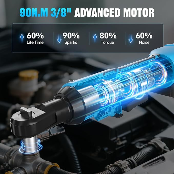 3/8" Electric Ratchet Wrench, 66FT-LBS (90N.m) Cordless Ratchet Wrench, 21V Power Ratchets with 2x 2.0A Batteries & Charger, 7 Sockets, 1/4" Adapters and 3" Extension Bars, NEW VERSION