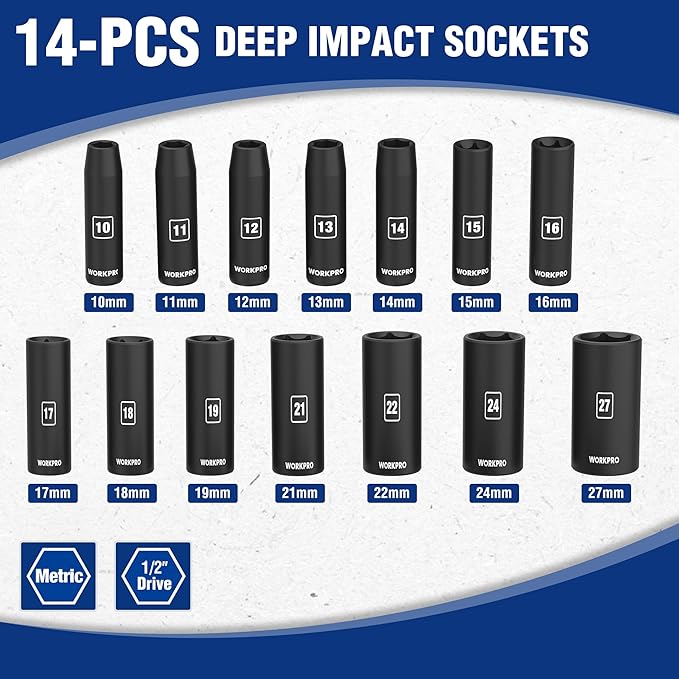 WORKPRO 14-Piece 1/2竊?Drive Deep Impact Socket Set, 6-Point Impact Deep Socket Set with Heavy Duty Storage Case for Automotive and Mechanical Repairs, 10mm-27mm, Cr-V Steel, Metric
