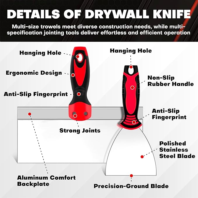 12PCS Drywall Tools Set - Stainless Steel Putty Kit with 1"-8" Knives, 8"-10" Taping Knife, 6.5" Bucket Scoop, 8-in-1 Painter Scraper, 12" Mud Pan, 13" Floor Scraper Blade with 4" Replacement Blades