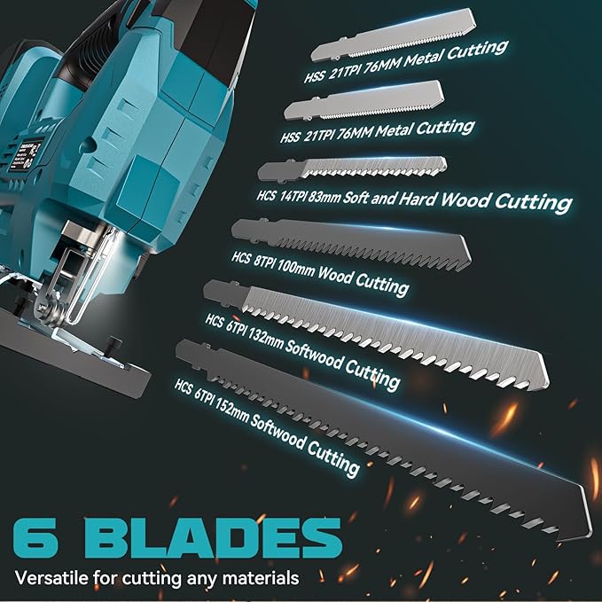 Ecarke Cordless Jig Saw Compatible With Makita 18V Battery (Only Tool), 4 Orbital Sets, 6 Variable Speeds Control, Dust-Blowing, ±45° Bevel Cuts, LED Light and 6PCS Blades For Cutting