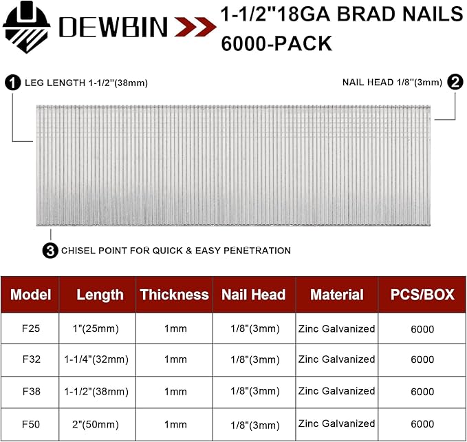 18 Gauge Brad Nails, 6000 Counts 1-1/2-inch 18 GA Brad Nails, Galvanized Nails for Nail Gun, Finishing Nail Gun Nails for Pneumatic, Electric Brad Nailer Gun