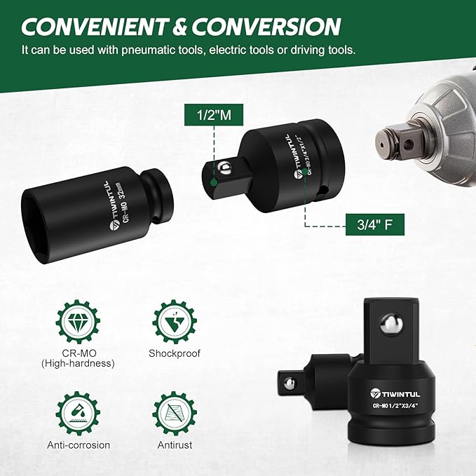 8 Pcs Impact Socket Adapter & Reducer Set, CR-MO, 1/4", 3/8", 1/2", 3/4", 1" Drive Socket Adapter Set with Blow Molded Case for Mechanic, Industrial Repair, Socket, Wrench, Driver Conversions