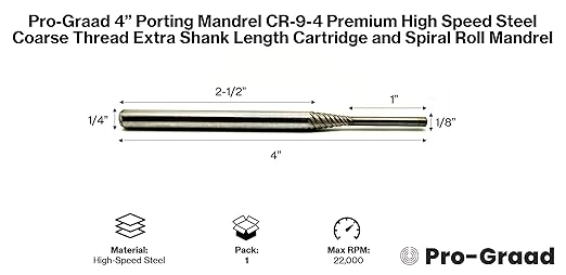 Porting Mandrel 4", CR-9-4 Premium HSS (High Speed Steel) Coarse Thread Extra Shank Length Cartridge & Spiral Roll Mandrel, 1/8" Pilot Diameter x 1" Pilot Length x 1/4" Shank x 4" Length