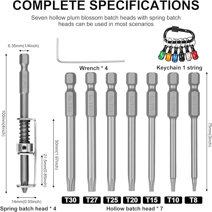 Bit Holder Keychain Tool with1/4?쏦ex Shank,Aluminum Alloy Screwdriver Bit Holder 16pcs Set with Spring Screwdriver Bits,L-Shaped Wrenches,Hollow Bits(T8,T10,T15,T20,T25,T27,T30),Drill Screw Adapter