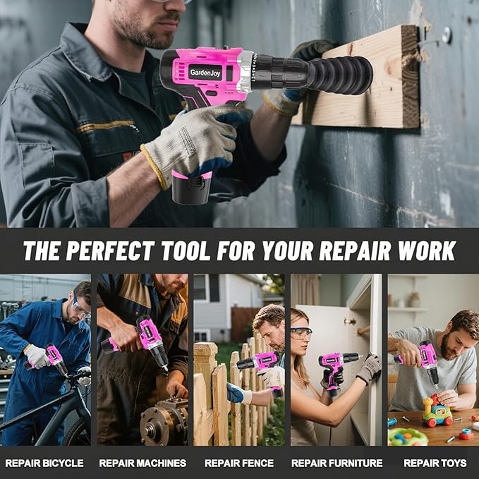 12V Pink Drill Driver Set, Women's Lightweight, 2 Batteries + Fast Charger, 2-Speed, 3/8" Keyless Chuck, 25 Torque Settings, LED for Metal/Wood DIY
