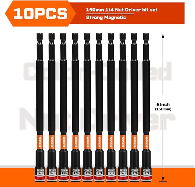 Impact Nut Driver Set, 10 Pieces 6?쒵ong 1/4?? Point Alloy Steel Magnetic SAE Nut Setter Set Use For Require Installing 1/4 Hex Shank Impact Driver with Case Box