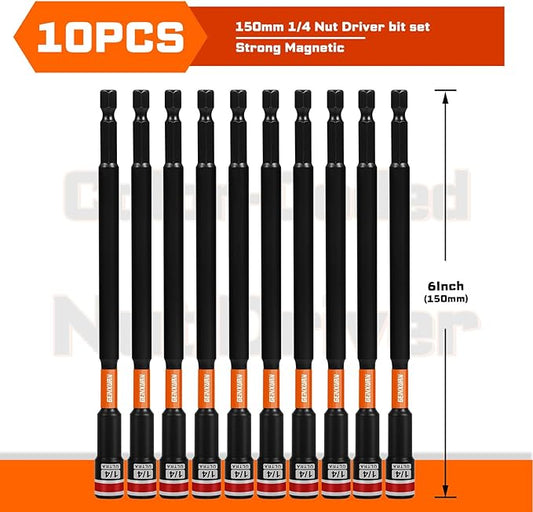 Impact Nut Driver Set, 10 Pieces 6?쒵ong 1/4?? Point Alloy Steel Magnetic SAE Nut Setter Set Use For Require Installing 1/4 Hex Shank Impact Driver with Case Box