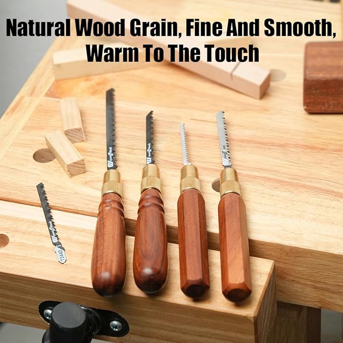 TOOLCOOL Wooden Handle Mini Hand Saw Small Jig Saw With 5 Pcs Fine Coarse Teeth Jigsaw Blades Woodworking Tools for Wood Cutting and Tree Branch Trimming (Round Handle)