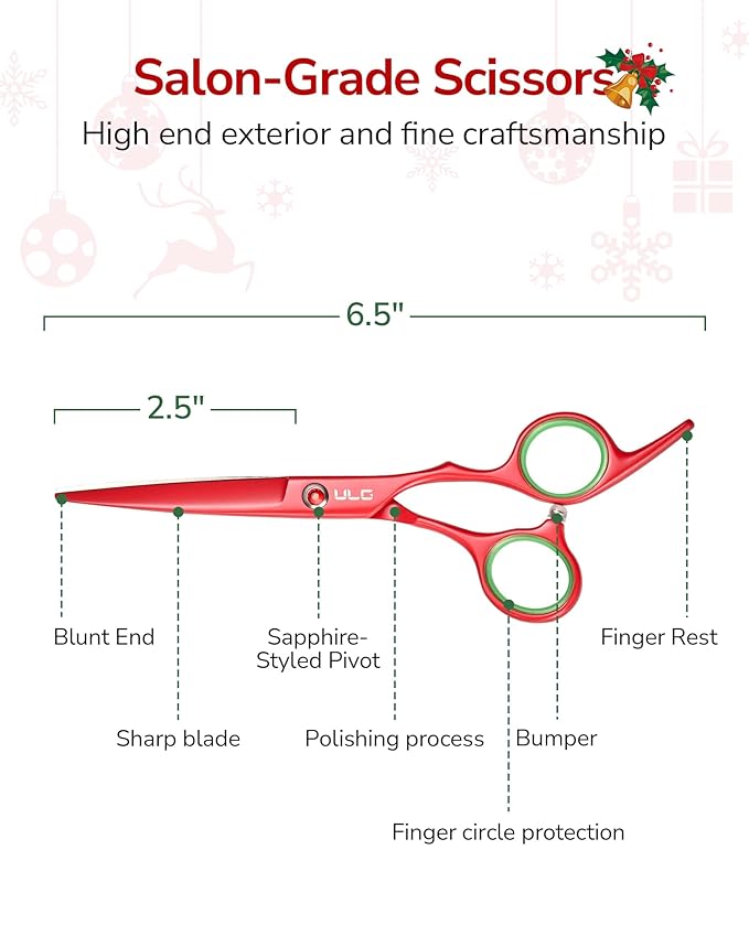 ULG 6.5??Hair Cutting Scissors, Professional Japanese Stainless Steel, Razor Sharp Barber Shears with Ergonomic Offset Handles, Lightweight and Durable for Stylist & Home Use, Christmas Red Edition