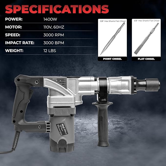 XtremepowerUS 1400W Demolition Jack Hammer With Point & Chisel Bits & Case Electric Demolition Construction Concrete Breaker Punch Drill (Grey/Black)