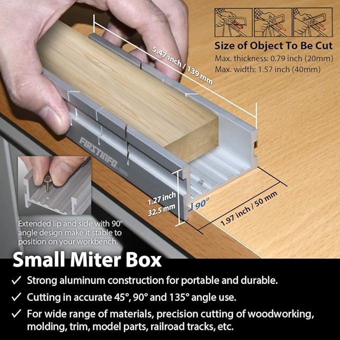 FIRSTINFO H5406 Aluminum Thin Slot Miter Box Set with Mini Hacksaw and Trimming Planer, Slot Angles 45, 90, 135 Degree